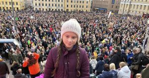 Greta at Finland's largest ever climate demonstration, in October 2018.